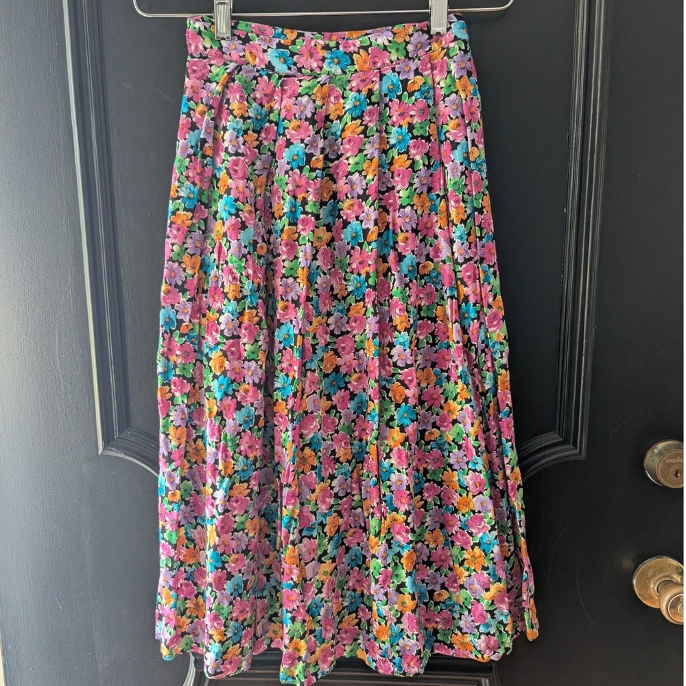 Vtg My Michelle Floral Midi Skirt 90s Rayon Pleated High Waist Pink Multi Sz‎ 5